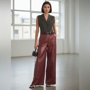 NWT FRAME Burgundy Wide Leg Leather Trousers Size4